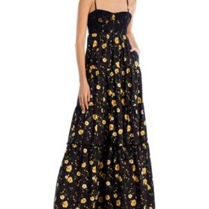 Aqua Black Maxi Dress with Yellow Floral Print